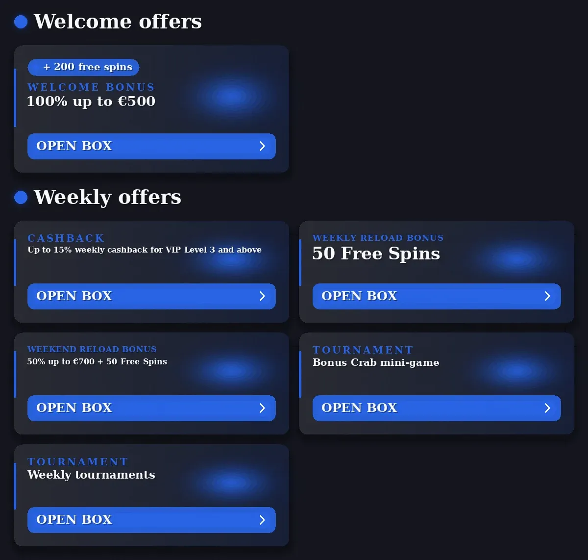 Spinrollz bonuses: Welcome bonus 100% €500, Cashback Up to 15% weekly cashback for VIP Level 3 and above, Weekly Reload Bonus 50 Free Spins, Weekend Reload Bonus 50% up to €700 + 50 Free Spins